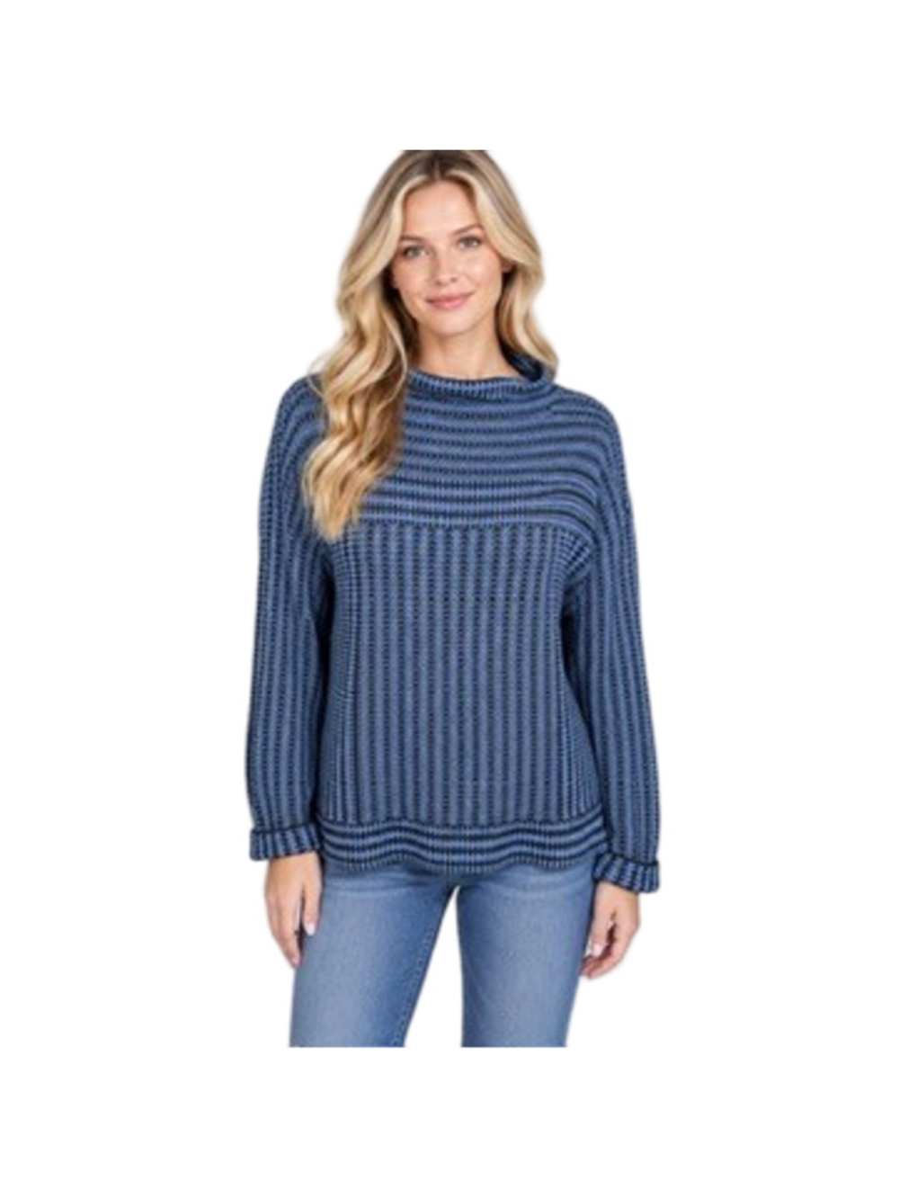 Habitat Cotton Sweater Blue Black Stripe Rib Knit Mock Neck Tunic Lagenlook XL